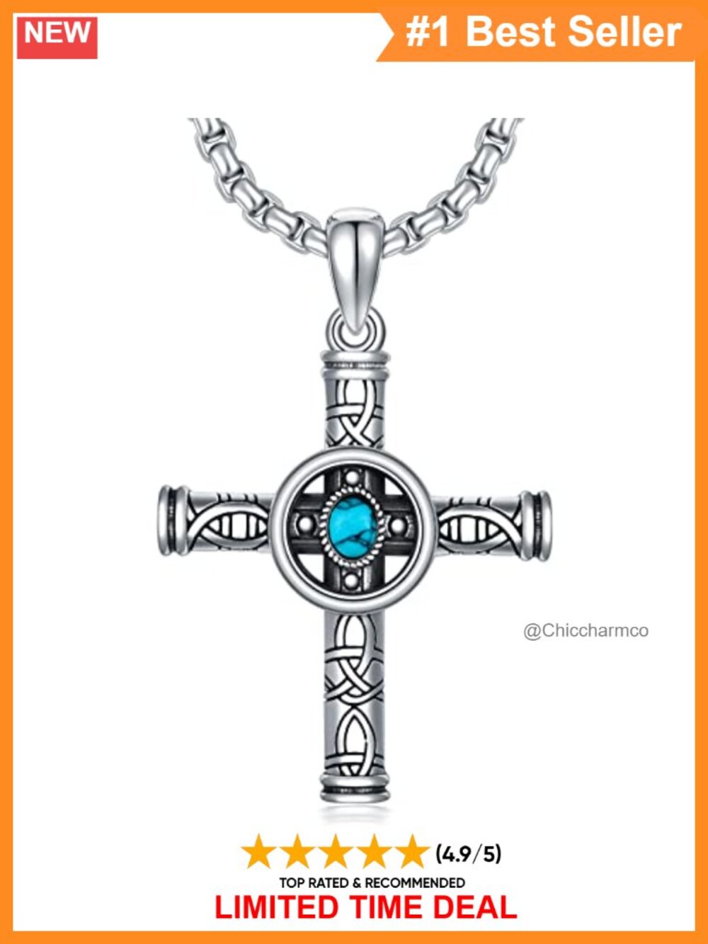 925 Sterling Silver Turquoise Celtic Cross Pendant Necklace Stainless Steel